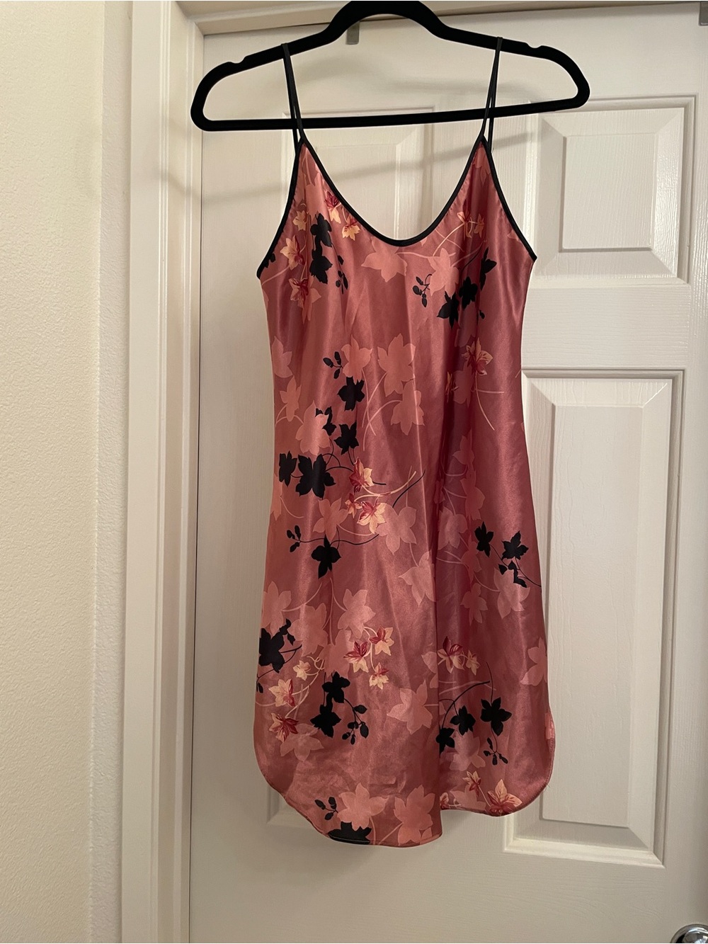 Silky Rose Floral Slip Dress with Black Trim